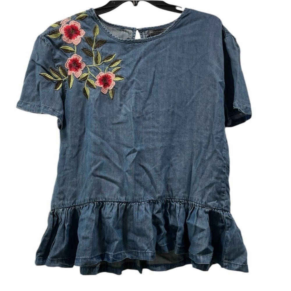 NWT Chelsea & Theodore Tencel Chambray Embroiders Peplum Top Size S